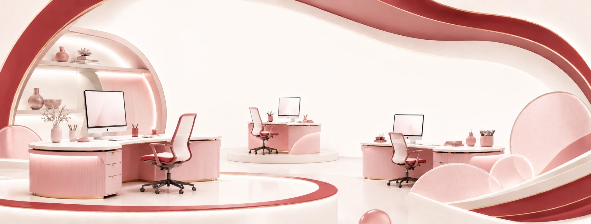 Elegant rounded virtual office workspaces in plum and blush tones